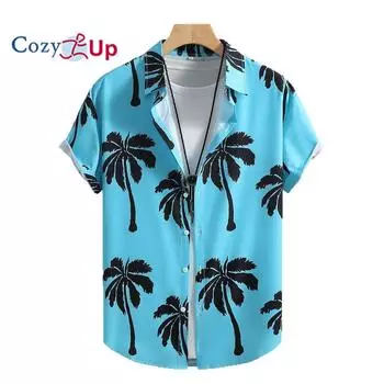 Men s Lake Blue Big Black Coconut Tree Print Men s Short Sleeve Shirt Men s Shirt Summer 2025 New S