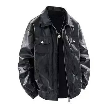 Men s Lapel Leather Jacket Men s Spring and Autumn American Trend Joker Multi-pocket Pu Leather Jacket Jacket M