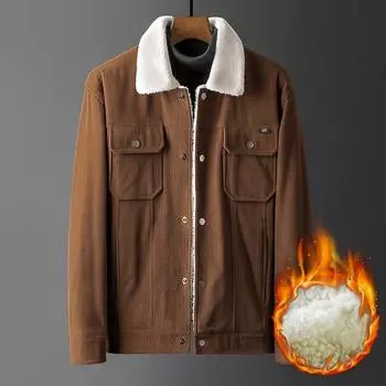 Men s Lapel Removable Collar Brown Winter Straight Hem Youth Casual Velvet Side Seam Pocket Cotton Jacket M