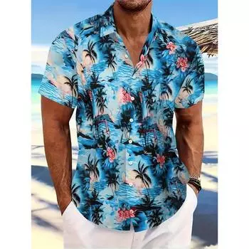 Men s Lapel Shirt Summer Beach Short Sleeve Outdoor Daily Shirt Tops Floral Printed Pattern Loose Men s Clothing S