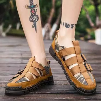 Men s Large Hollow Sandals Breathable Summer Outdoor Shoes Genuine Leather Tactical Trekking Sandals for Men Casual Gladiator 38 чёрный