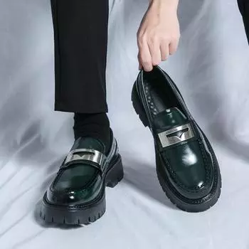Men s large-size green leather shoes 2025 spring and autumn new men s trend round head thick sole heightening men s loafers 38 зелёный