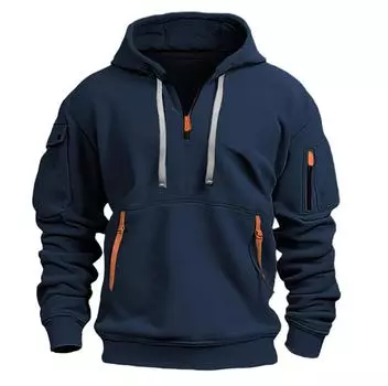 Men s Large Spring/Autumn Zipper Hoodie, Multi-Pocket Casual Sweatshirt Jacket XXL темно-синий