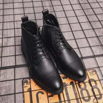 Men s leather boots autumn and winter new leather shoes fashion men s high-top shoes trend British style pointed boots 38