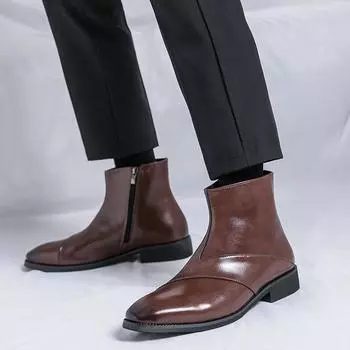 Men s leather boots large size autumn and winter new high-top leather shoes fashion trend side zipper pointed short boots can be 38