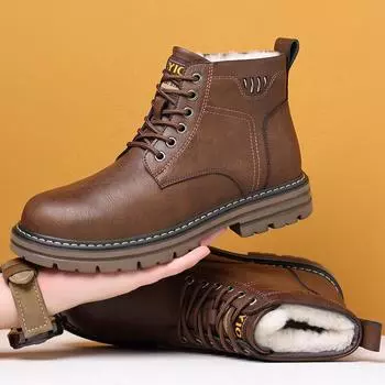 Men s Leather Boots Mid-top Leather Shoes Men Boots Winter Waterproof Thick-soled Boots Plus Velvet Wool Men s Warm Cotton Shoes 38