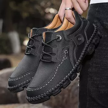 Men s leather casual leather shoes retro trend low-top lace-up platform shoes outdoor solid color business shoes 38