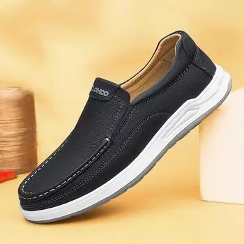 Men s Leather Casual Shoes Business Loafers Moccasin Breathable Slip on Boat Soft Driving Shoes 39 чёрный