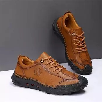 Men s Leather Casual Shoes Hand-stitched Retro Lightweight Soft Sole Anti-Slip Casual Shoes Outdoor Breathable Business Shoes 38 чёрный