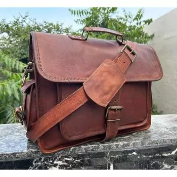 Men s Leather Handmade Laptop Shoulder Cow Crossbody Satchel Brown Bag 18 x 14 x 6 in