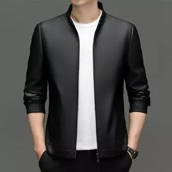 Men s leather jacket autumn and winter new medium business casual simple stand collar short soft leather jacket men s clothing M
