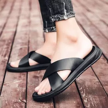 Men s Leather Sandals 2024 Summer Quality Beach Slippers Casual Shoes Flat Bottomed Outdoor Beach Shoes Large Size 45 39 чёрный