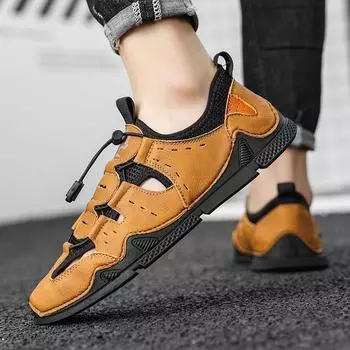 Men s Leather Sandals Summer New Breathable Soft Bottom Slip-on Leisure Driving Non-Slip Hollow Trendy Beach Shoes 38 зелёный