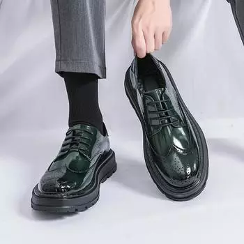 Men s leather shoes new business dress men s shoes Brock flower wedding shoes Korean version British platform trendy shoes men 38 чёрный