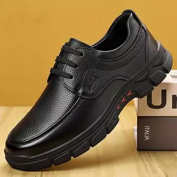 Men s leather shoes spring new soft leather light non-slip leather surface middle-aged and elderly round head dad shoes trendy business leather shoes 39 чёрный