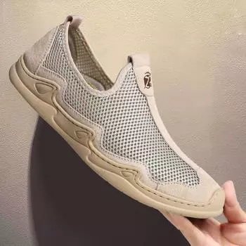 Мужские кожаные летние дышащие полые кроссовки для отдыха с сетчатой поверхностью Мужские кроссовки с большой сеткой и дышащей сеткой 38 песочный