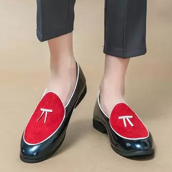 Men s Leather Wedding Party Shoes with Bow Fashion Trends Mens Driving Loafers Moccasins Mens Casual Shallow Mouth Slip-On Flats 38 красный