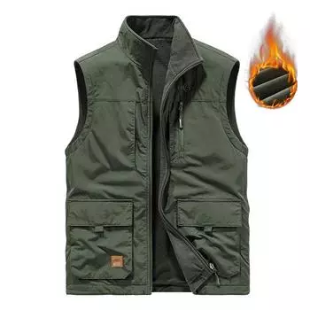 Men s Leisure Vest Solid Color Tooling Style Waistcoat Thin Fishing Hiking Multi-Pocket Casual Loose Vest for Men XS