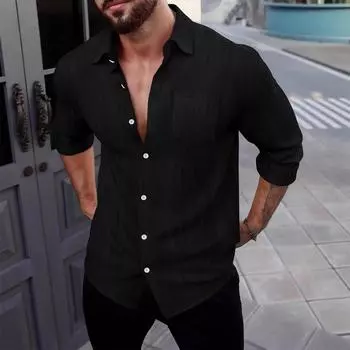 Men s Linen Shirt Long Sleeve Lapel Breathable Casual Top New Chinese Pocket Shirt L чёрный