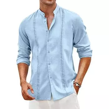 Men s Linen Shirt Long Sleeve Shirt Stand-up Collar Casual Summer Home Daily Shirt S серый