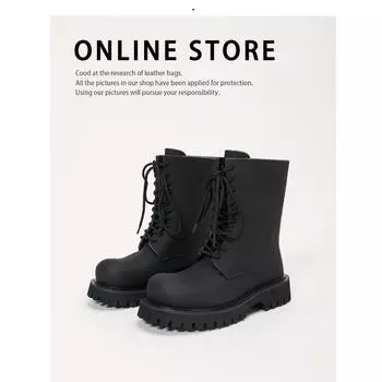 Men s Locomotive Boots Mickey Big Head Boots Leather Thick Bottom Strap Medium Help Martin Boots Round Head Boots 40