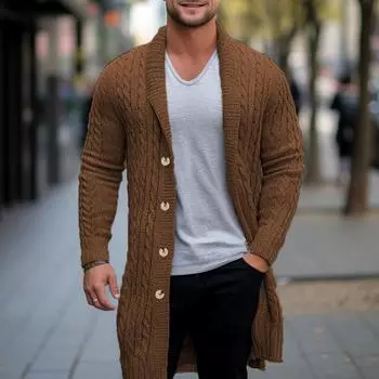 Men s Long Cable Knit Cardigan Sweater Shawl Collar Slim Fit Long Sleeve Casual Buttons Down Cardigans Fall Winte Knitted Sweaters Jacket for Male M хаки