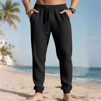 Men s Long Pants, Elastic Waist Drawstring, Lightweight, Slim Fit, With Pockets, Comfortable And Breathable Linen Long Pants L чёрный