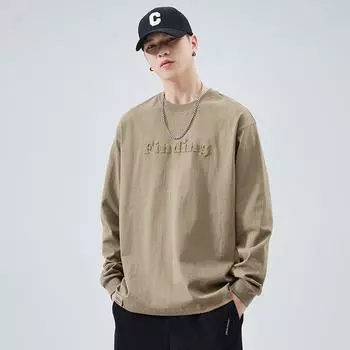 Men s Long Sleeve Heavyweight Cotton T-Shirt - White Round Neck, Steel Print, Loose Fit, Autumn Collection легкие хаки