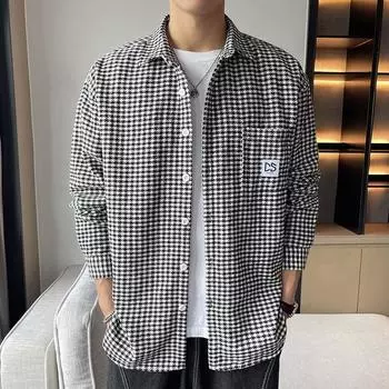 Men s Long Sleeve Shirt Spring New Hong Kong Style Lapel Shirt Casual Shirt Plaid Shirt Fashion Brand Loose Coat M