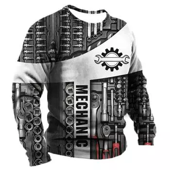 Мужская футболка с длинным рукавом Mechanic Graphic 3D Print Top Осенняя винтажная футболка Футболки Одежда Повседневная спортивная мужская кофта 5xl S