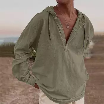 Men s Long Sleeve Tops Fashion V Neck Button Up Hoodie 2025 Casual Fit Hooded Pullover Tops Spring Fall Clothes L