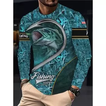 Men s Long Sleeved Fishing 3D Full Print T-shirt, Fashionable Round Neck Top S