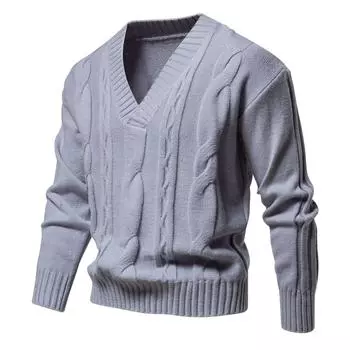Men s Long-sleeved Thickened Jacquard Sweater Autumn and Winter Men s V-neck Solid Color Sweater S