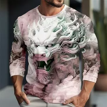 Men s long-sleeved tops street fashion animal pattern pullover 3D digital printed T-shirt S