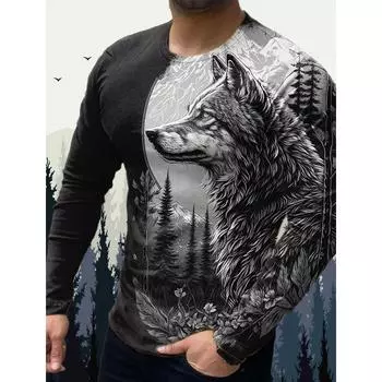 Men s Long Sleeves T-Shirt Animal Wolf Pattern 3D Print Tops Tees Fashion Casual Oversized T Shirt Men Clothing Pullover S