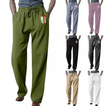 Men s Loose Casual Cotton Linen Trousers Elastic Tie Printed Straight Pants M