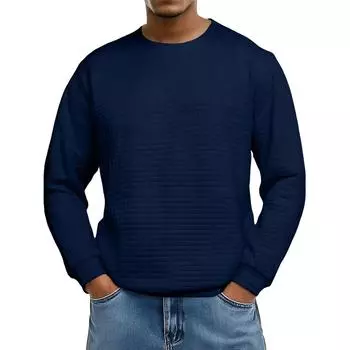 Men s Loose-fitting Casual Waffle-weave Neck Long-sleeved Top L темно-синий