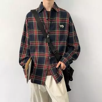 Men s Loose Japanese Long-sleeved Shirt Autumn Plaid Shirt Casual Shirt M