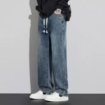 Men s Loose Straight Spring High Street Elastic Waist Wide-leg Workwear Casual Pants M