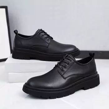 Men s low-top heightening Martin boots British style round head big head shoes black tooling shoes platform casual leather shoes a generation 37