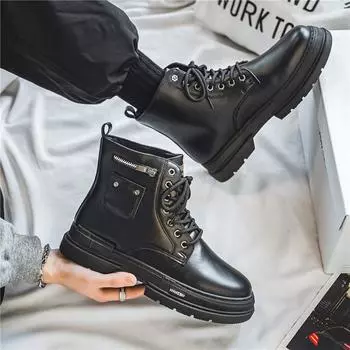 Men s Martin boots high-top autumn casual black tooling leather boots non-slip mountaineering autumn and winter locomotive short boots British style 39 чёрный