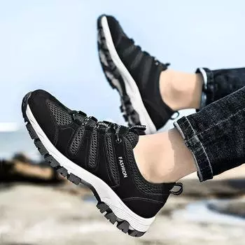 Мужская сетчатая обувь, полые походные туфли, летняя дышащая сетчатая повседневная спортивная обувь, повседневная спортивная обувь, модные кроссовки, прогулочная обувь 39 чёрный
