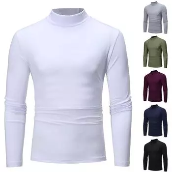 Men s Mid-collar Long-sleeved Solid Color Stretch Slim Bottoming Shirt Top M белый