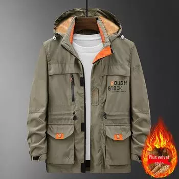 Men s Mid-Length Hooded Outdoor Jacket - Autumn/Winter, Plus Velvet, Multi-Pocket, Loose Fit 6XL (~230 jin)