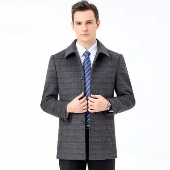 Men s mid-length windbreaker single-breasted woolen woolen coat lapel plaid winter middle-aged casual coat 165