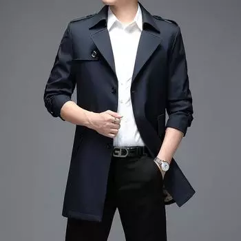 Men s Mid-length Windbreaker Spring and Autumn Middle-aged Business Casual Lapel Coat Cadre Civil Servant Jacket 170
