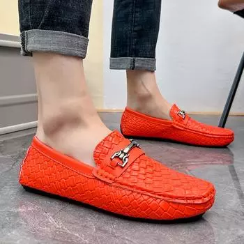 Мужские мокасины, туфли для вождения, удобные кожаные туфли на плоской подошве, повседневные туфли-слипоны, большие размеры, цвет оранжевый горох EU: 38 зелёный