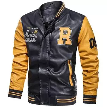 Men s Motorcycle Leather Jacket Plus Velvet Flight PU Leather Jacket Baseball Jacket M