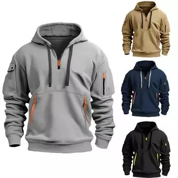Men s Multi-Pocket Zipper Hoodie: Spring & Autumn Long-Sleeve Casual Jacket XL чёрный