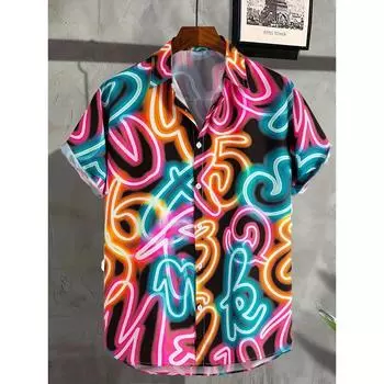Men s Neon Style Print Lapels Button Up Casual Short Sleeve Shirts Men s Clothing for Summer Hawaii Shirt Men s Streetwear S